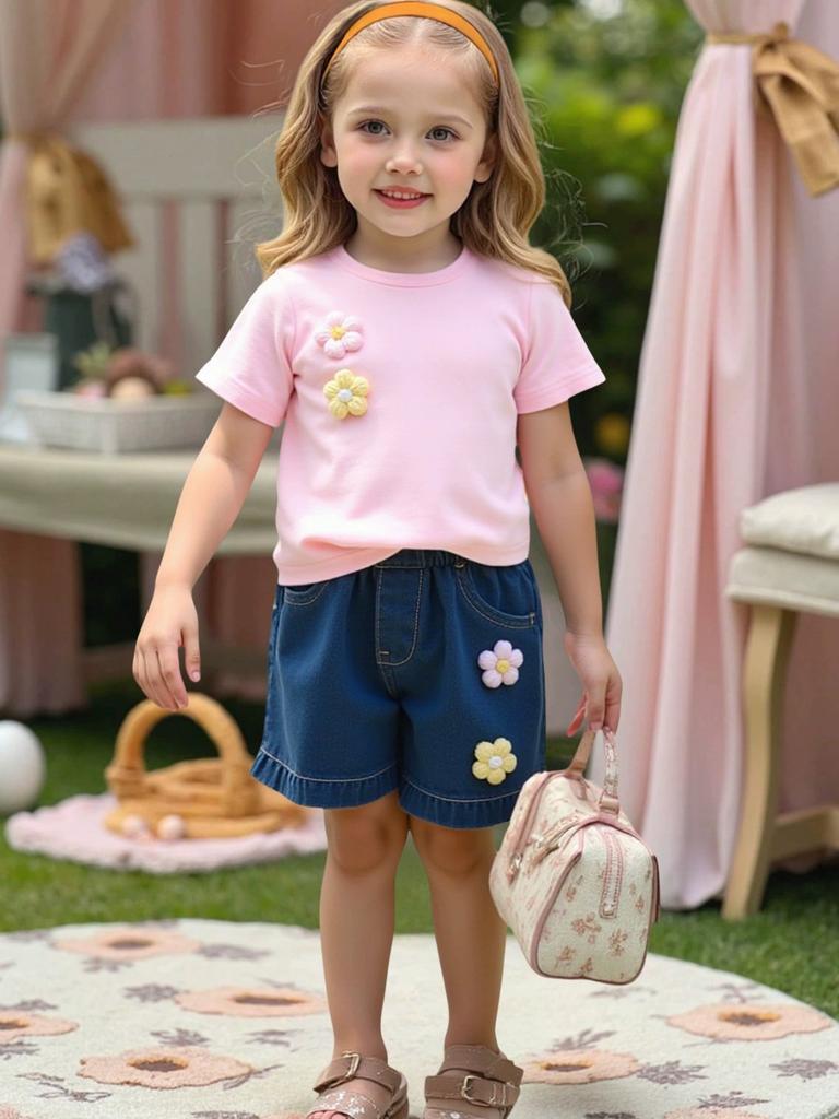 Baby Girls Summer T-Shirt & Denim Shorts Two-Piece Set