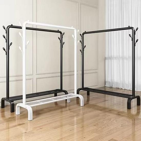 Minimalist Indoor Floor-Standing Coat Rack with Double Pole and Shelf for Bedroom or Balcony