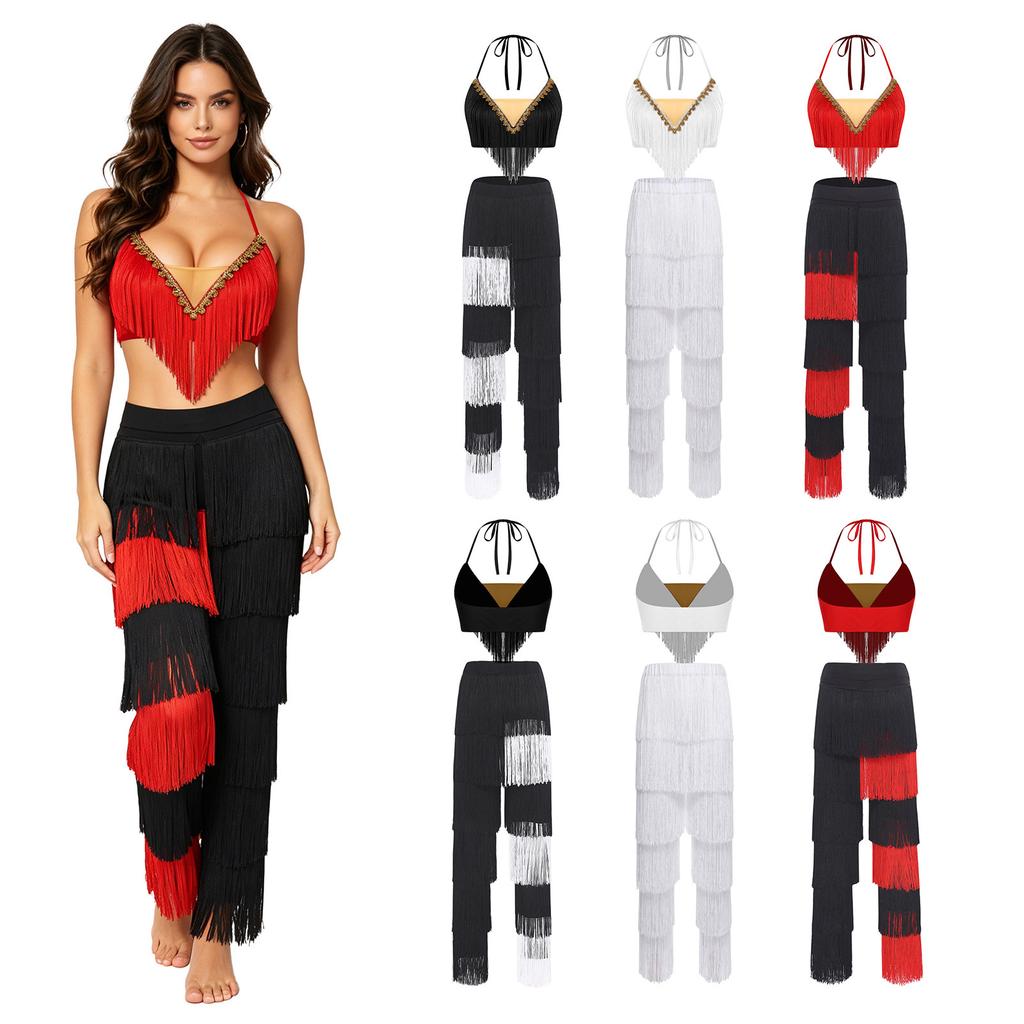 S-3XL Women Latin Dance Tassel Set Lace Up Halter Gold Trim Crop Top with Elastic Waist Contrast Color Pants for Performance