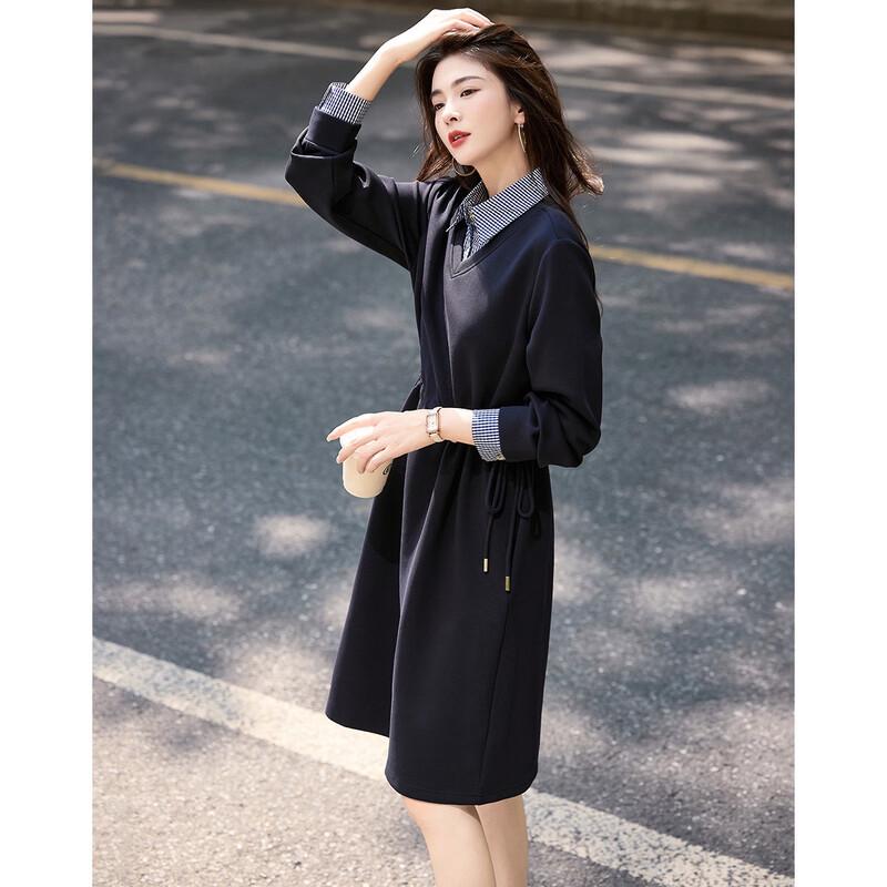 Demana Air Layer Patchwork Drawstring Shirt Collar Sweatshirt Dress XL