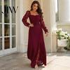 Einfarbiges Outfit Langarm-Kleid mit Blumenspitzenärmeln für Damen, Eckiger Ausschnitt Rüschen A-Linie Partykleid, Schmale Taille Maxi