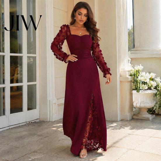 Einfarbiges Outfit Langarm-Kleid mit Blumenspitzenärmeln für Damen, Eckiger Ausschnitt Rüschen A-Linie Partykleid, Schmale Taille Maxi