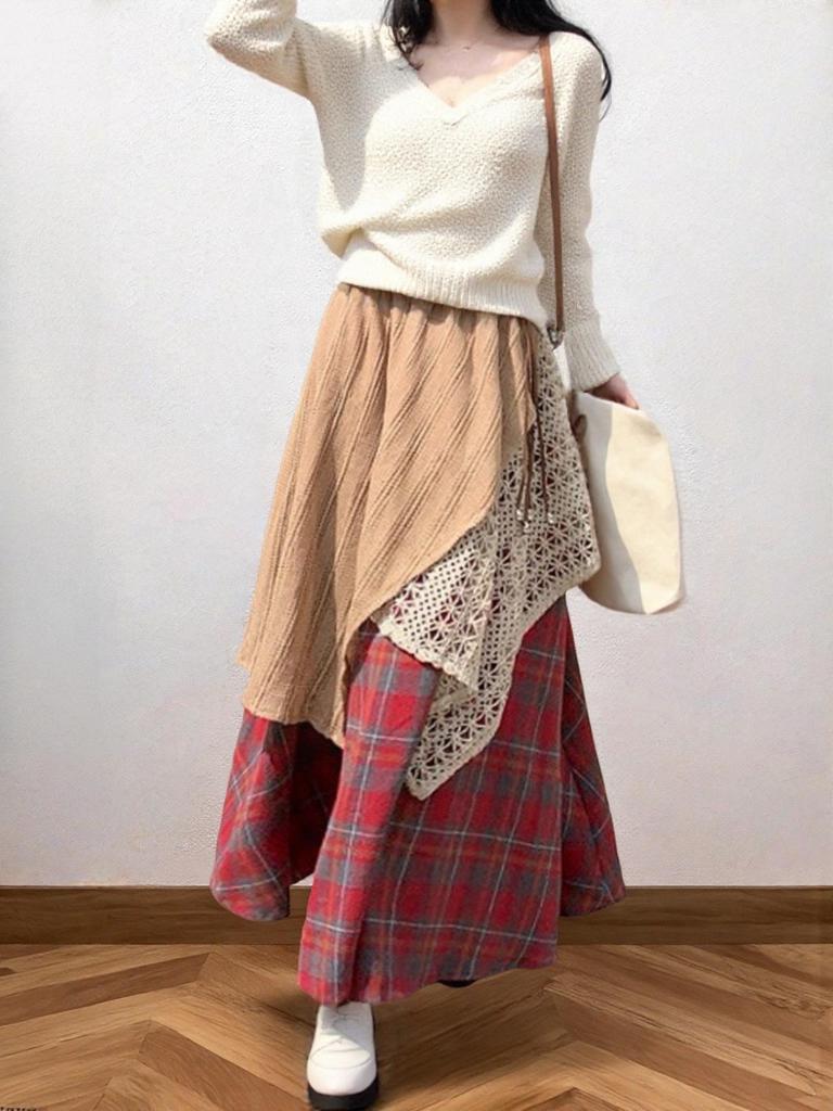 Autumn/Winter 2025 Women's Layered Irregular Color Block Plaid Midi Skirt