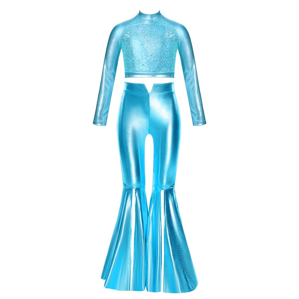 Girls Long Sleeve Sequin Metallic Crop Top Split Bell Bottom Shiny Pants Dance Performance Outfit