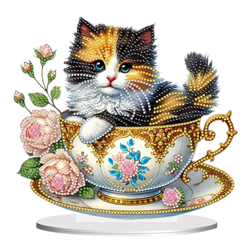 

2D Flat Teacup Cat DIY Table Top Diamond Painting Ornament Kits Desktop Diamond Art Kits 5D DIY Diamond Art Tabletop Decorations