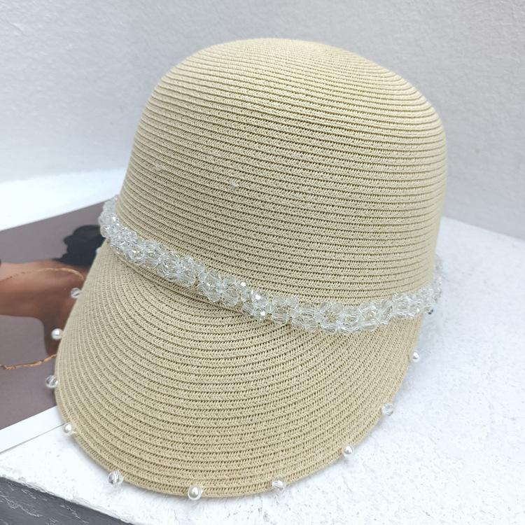 Pălărie ecvestră cu limbă de rață țesătă din paie cu perle de cristal Pălărie de paie de cavaler versatilă coreeană pentru femeie de vară Pălărie de soare la modă ocazională