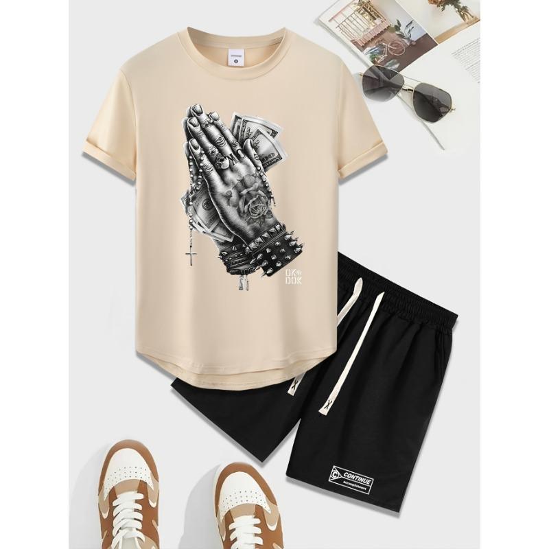 

Two piece men s casual crew neck short sleeve and belted waist shorts summer set 8XL