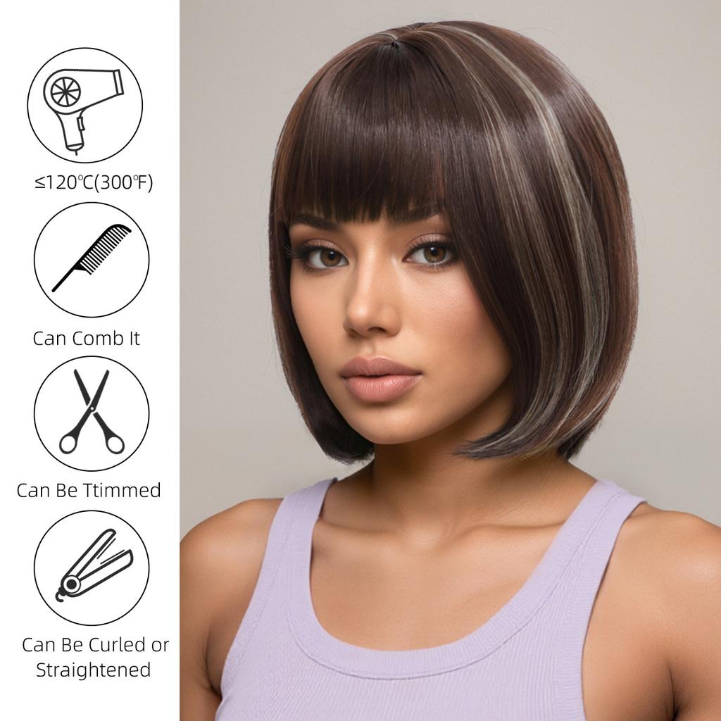 Women Short Wigs with Bangs Stylish Brown Mixed Blonde Hair Synthetic Wave Wig for Daily Cosplay Use Heat Resistant Fibre