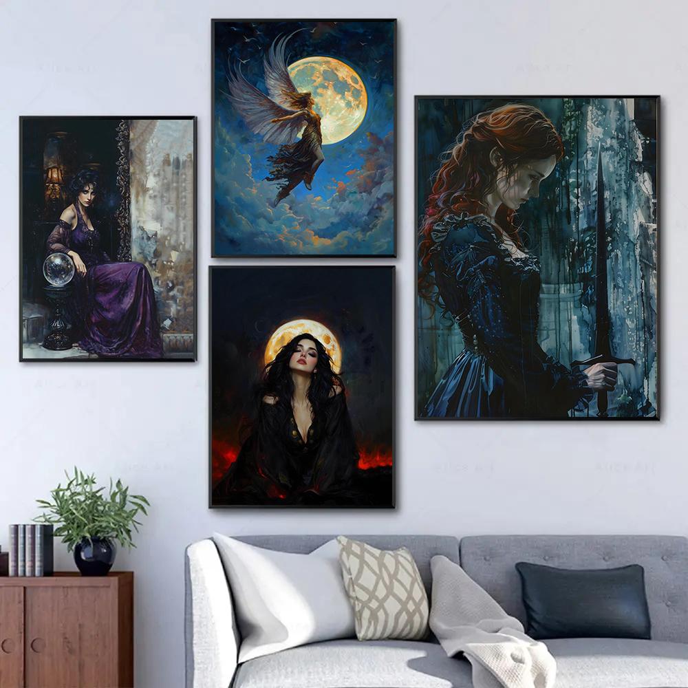 Victorian Style Witch Moon Goddess Dark Academy Retro Posters Prints Canvas Painting Wall ArPicture Living Room Home Decor