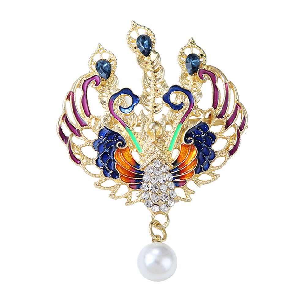 

Chinese Style Phoenix Pearl Brooch Retro Birds Luxury Enamel Alloy Pin for Women Suit Accessory Aurora Pearl Long-Lasting Color Exquisite Gift
