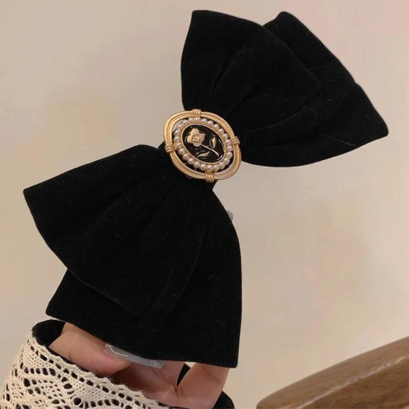 New Black Velvet Bow Hair Pins Elegant Fabric Alloy Roses Hair Clips for Women Fashion Ponytail Barrette Heawear Accessories