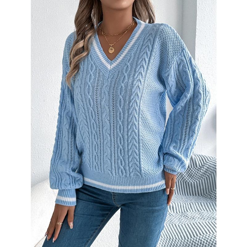 Women's V Neck Cable Knit Sweater Color Block Long Sleeve Loose Casual Knitted Pullover Jumper