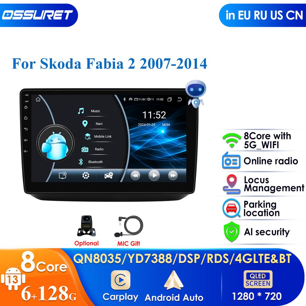 OSSURET 10.1''QLED Screen 2din Android Car Radio Multimedia Video Player for Skoda Fabia 2 2007 - 2014 GPS Navi Carplay AutoIntelligent   4G RDS WIFI