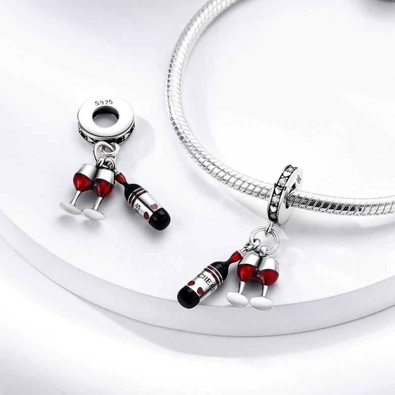 Copper Red Wine And Glass Pendant Suitable For Original Wristband Charm Jewelry Women'S Birthday Party