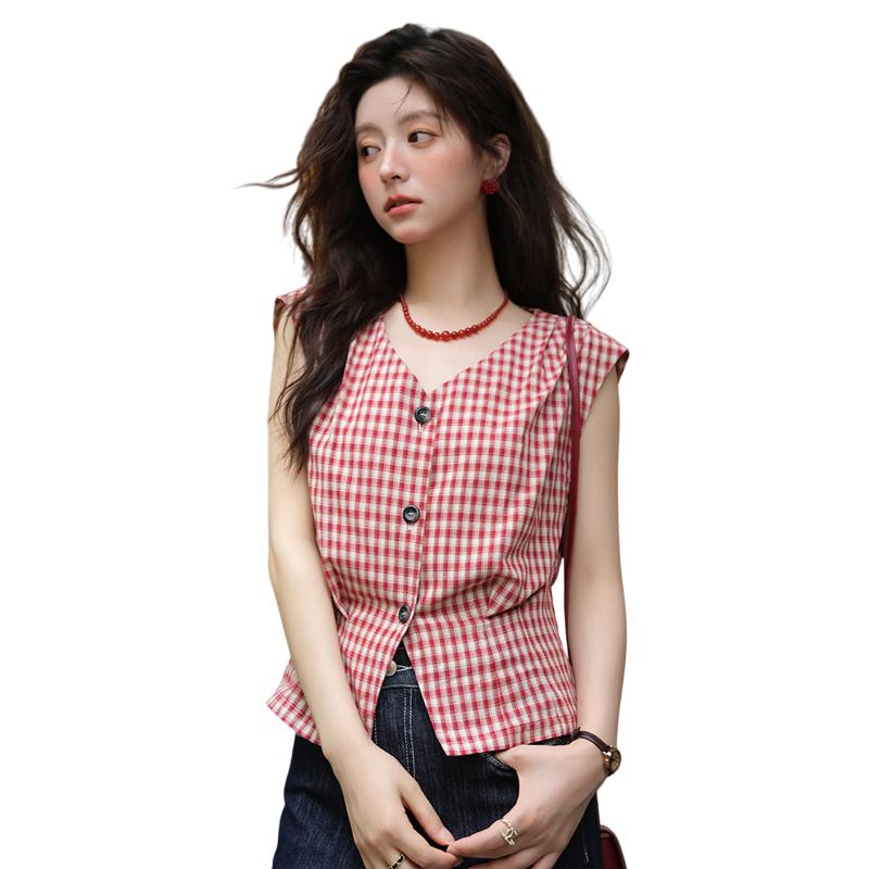 Women's Vintage Red Plaid V-Neck Shirt