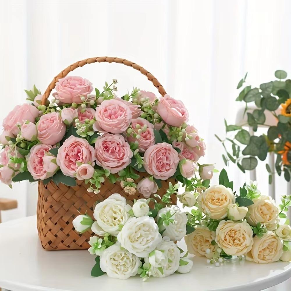 Long Stem Artificial Flowers Faux Silk Bridal Bouquet Vintage Fake Roses Home Wedding Bridal