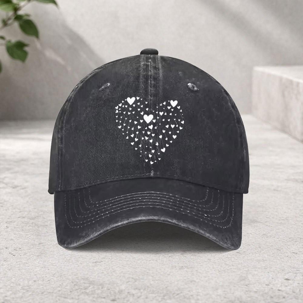 Heart Print Washed Baseball Cap Cotton Adjustable Casual Streetwear Sun Hat for Unisex