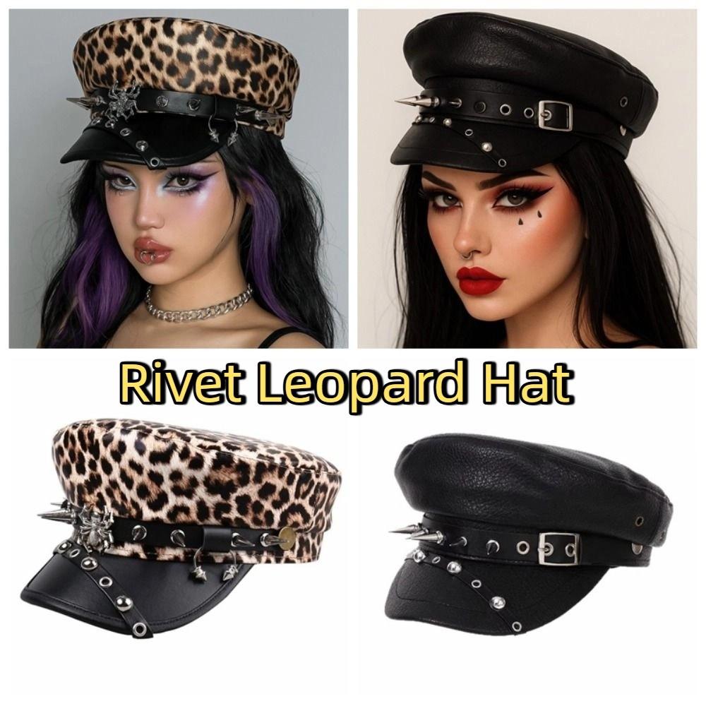 Hip-hop Y2k Beret Hat Punk Flat Top Cap Vintage Rivet Leopard Hat  for Girls