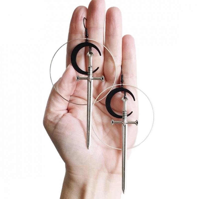 Black Moon Long Sword Silver Earrings - Stylish Pendant Gift