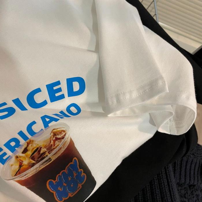 

Pure cotton niche retro ice American coffee printing round neck short-sleeved T-shirt men and women s new couple loose t-shirt summer S