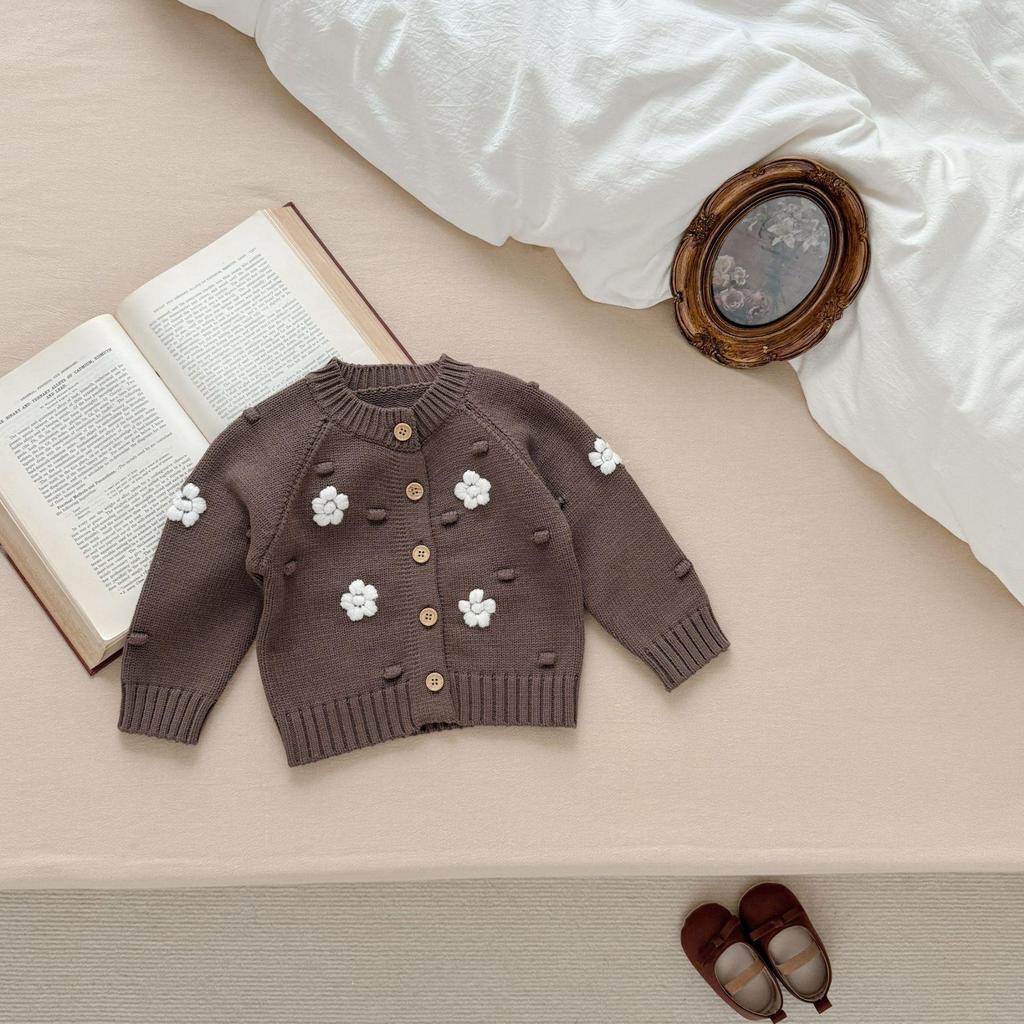 Embroidered Flower Knit Cardigan for Baby Girls, Wave Point Style, Thickened for Autumn and Winter