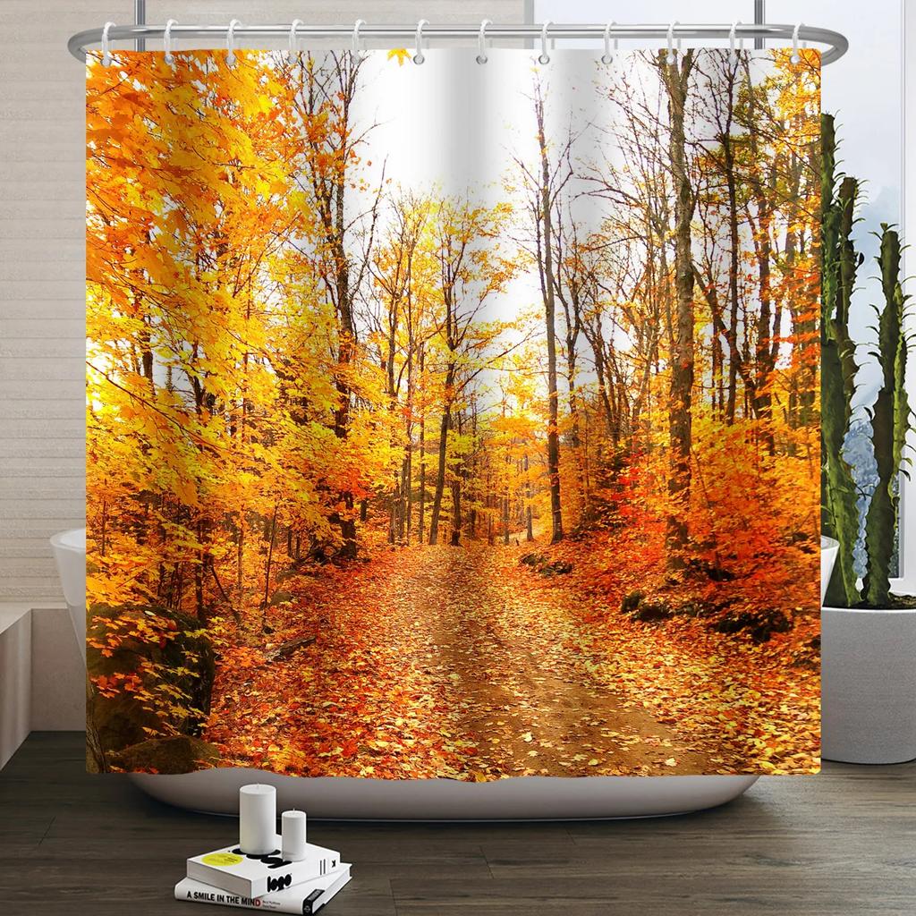 Fall Forest Natural Scene Shower Curtain for Bathroom Autumn Maple Tree Plants Rural Landscape Pumpkin Waterproof Shower Curtain