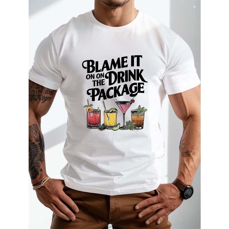 

European sizes Plus Size Men S T-Shirt, Casual Crew Neck, Slight Stretch, Geometric-Pattern, Regular Fit, with Blame It on the Drink Graphic Print 4XL білий