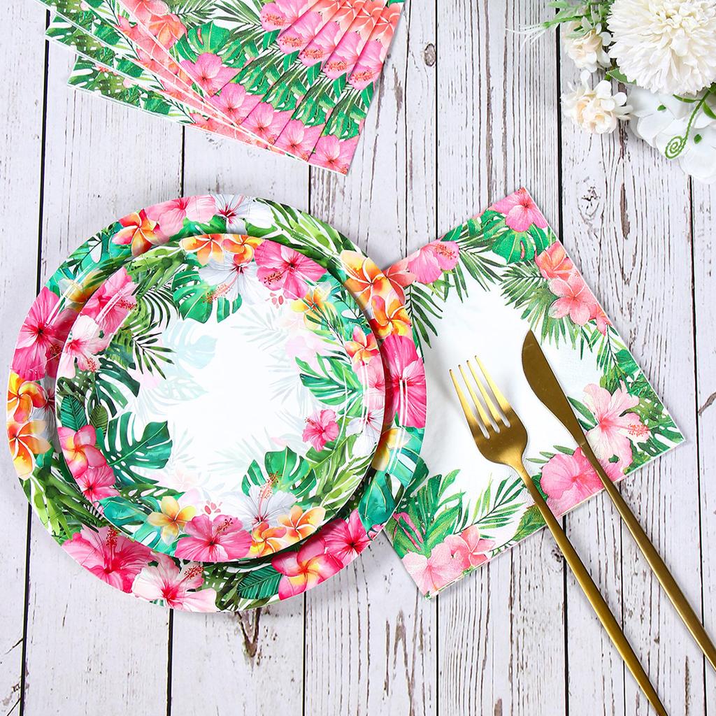 Hawaiian Leaves Flower Disposable Tableware Summer Theme Birthday Party Decor Paper Cup Napkin Tropical Hawaii Party Supplies
