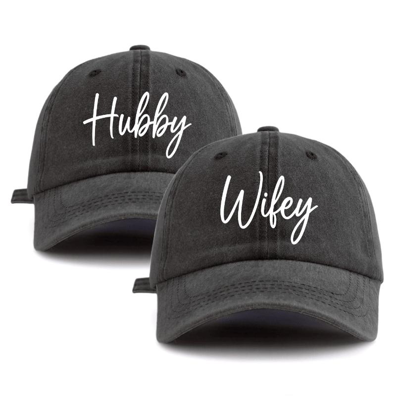 2 Pcs HUBBY WIFEY Print Washed Baseball Cap,Classic Casual Stylish Retro Adjustable Lightweight Sun Protection for Outdoor Sport