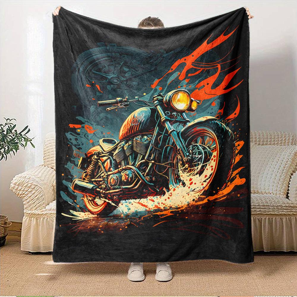 1pc Motorcycle,Flame,Artwork Digital Print Flannel Blanket - Contemporary Style, Suitable for All Seasons, Perfect for Home, Travel, or Camp