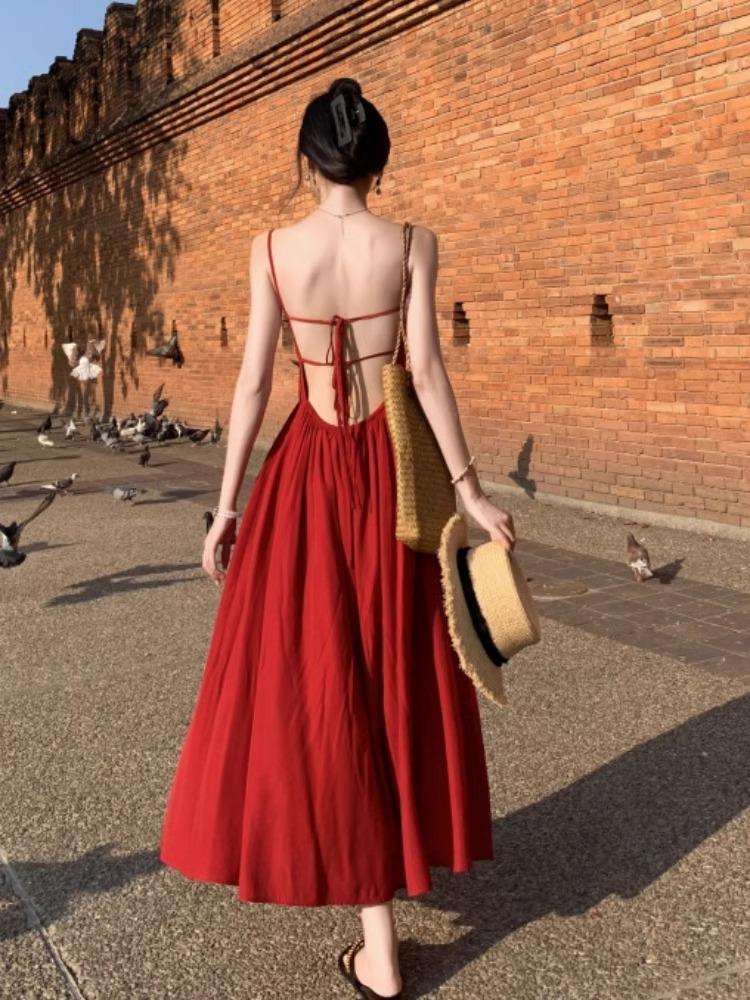 Dali Red Backless Slip Dress for Women - Perfect for Beach Vacations or Photoshoots