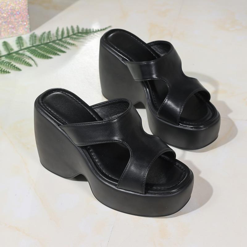 Sexy Black Pu Chunky Platform Super High Heel Slides Women 2025 Summer Wedge Heel Slippers Casual Square Toe Beach Sandals