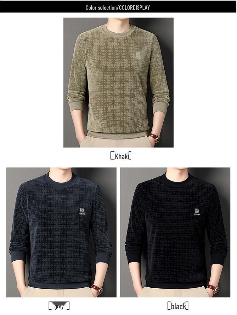 Men's Double-Sided Chenille Jacquard Round Neck Hoodie, Velvet-Lined, Loose Fit, Winter 2025 Warm Top