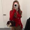 Korean Red Semi-open-necked Knitted Cardigan for Women's Autumn Simple, Slim and Thin Long-sleeved Inner Fit
