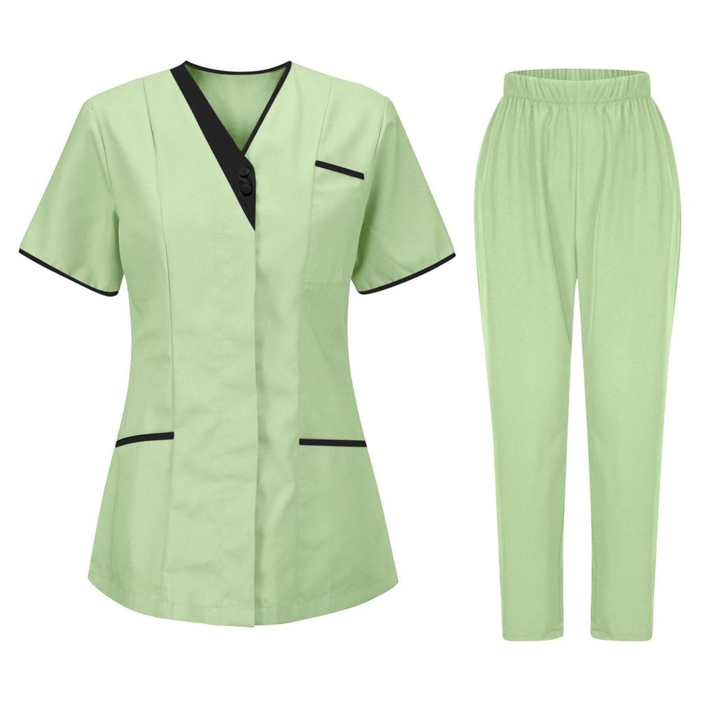 Women's Uniforms Quick Dry Fabrics V-Neck With Pockets Short Sleeves Long Pants Solid Color Workwear Suit