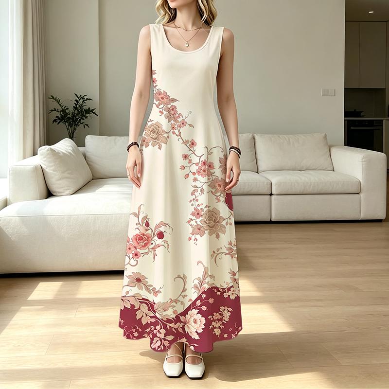Vintage Floral Long Tank Dress,Soft Fabric,Loose Fit for Travel Photoshoot,Daily Casual & Vacation Wear,Elegant Style
