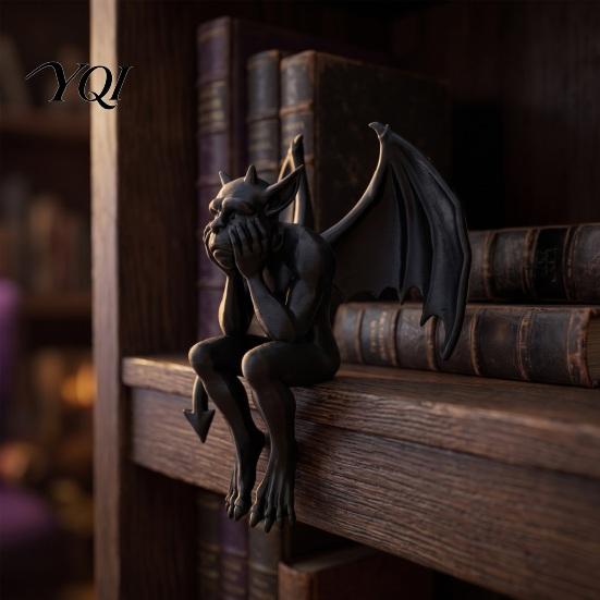 Creative Birthday Gift 3D Printed Melancholy Gargoyle Figurine, Gothic Dark Demon Edge Sitter Statue Aesthetic with Bat Wings, Halloween Desktop