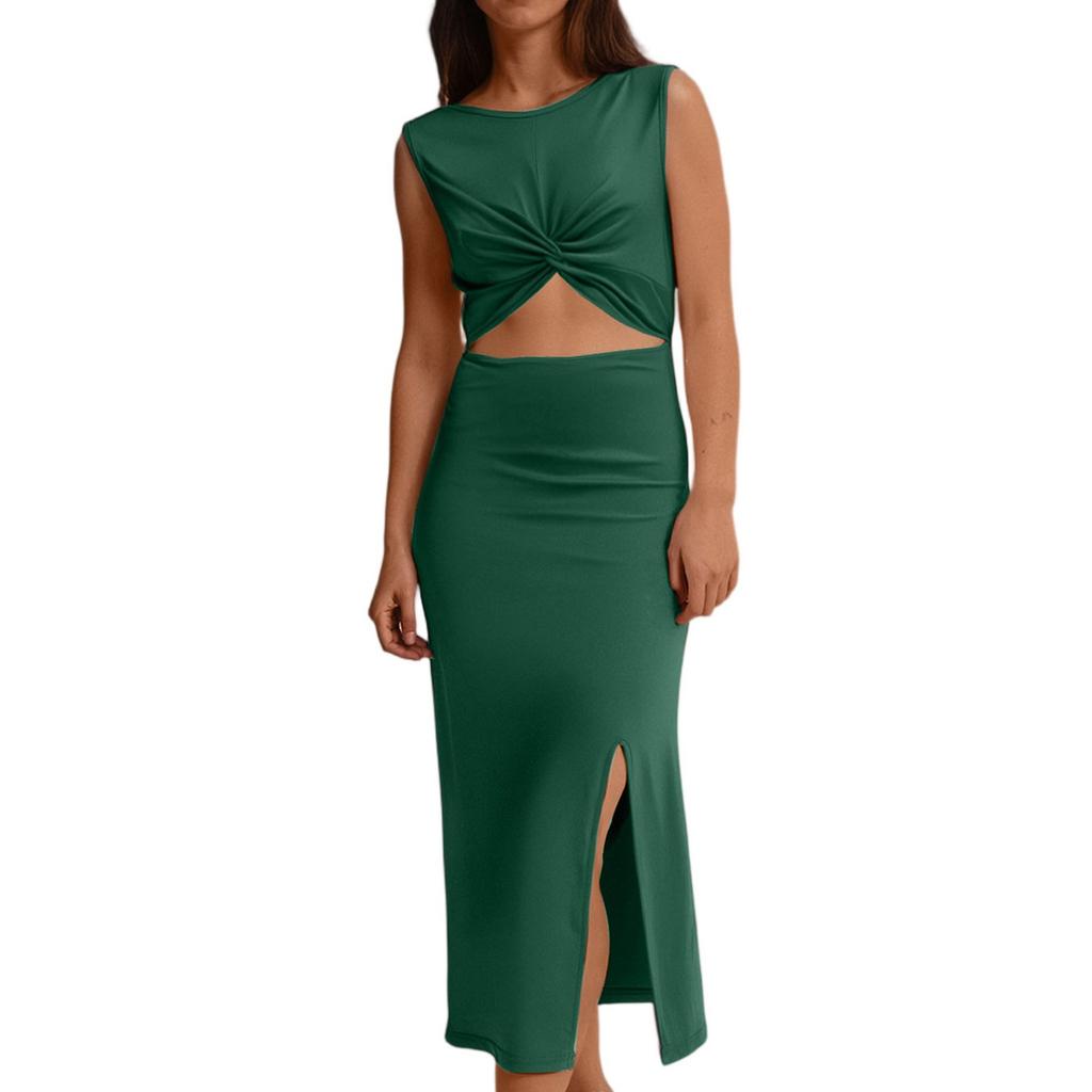 Women's Fashion Casual Summer Sexy Color Round Neck Sleeveless Navel Slit Dress