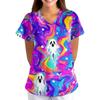 Women's Halloween Printed V-Neck Short Sleeve Scrub Top with Pockets Loose Fit