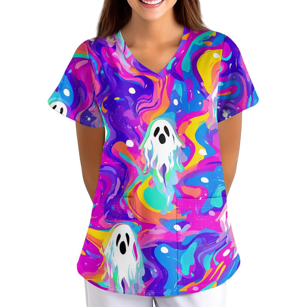 Women's Halloween Printed V-Neck Short Sleeve Scrub Top with Pockets Loose Fit