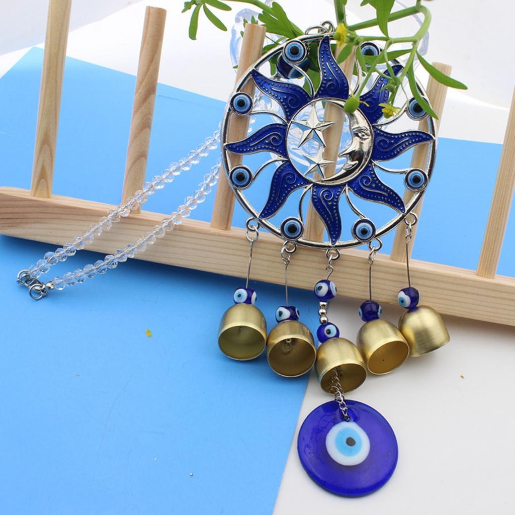 Decorazione Luna e Stella con Occhio Malocchio e Campanello Pendenti Sole Fortunato, - Segno di Protezione, Benedizione e Forza - Decorazioni per Auto per Specchietto Retrovisore