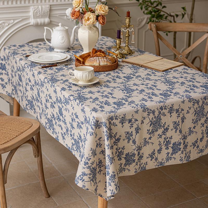 Nordic Style Blue Floral Cotton Linen Tablecloth - Retro Pastoral Design for Dining or Photo Background