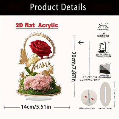 2D Flat Romantic Red Roses and Pink Floral Desktop Decor with Golden Butterfly Mother's Day Gift Acrylic Art Decoration