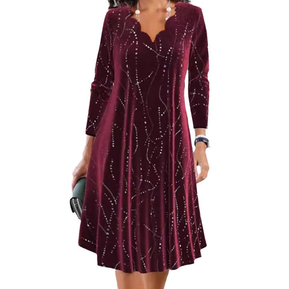Abito alla moda con scollo a V a maniche lunghe con glitter per donna