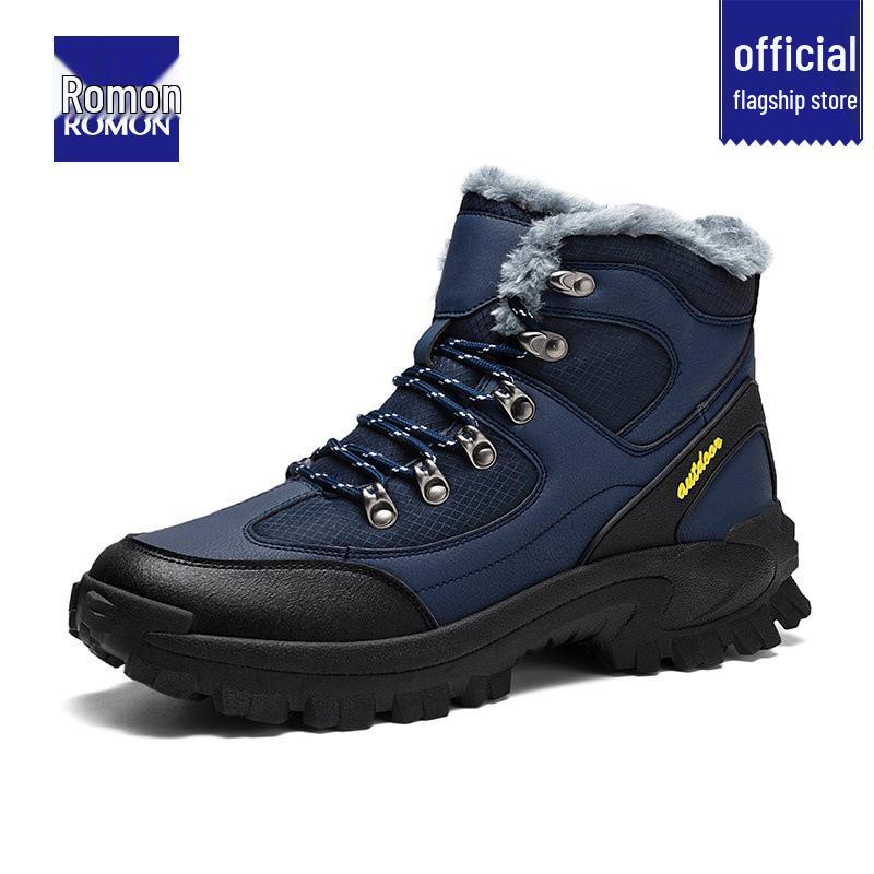 Men's Winter 2025 Snow Boots: New Style Leather & Fur, Velvet-Lined, Thickened Warm Genuine Leather, Cold-Resistant, Large Cotton Shoes