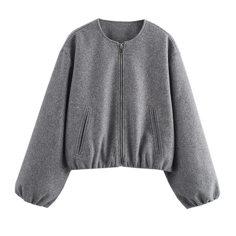 Cappotto di Lana Tinta Unita con Zip Moda Donna Manica Lunga Girocollo Giacca Bomber da Donna Autunno Caldo Tasca Capospalla Corto Chic da Strada Femminile