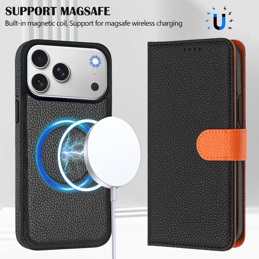 For iPhone 17 Pro Leather Case Detachable Wallet Magnetic Phone Cover with Hand Strap