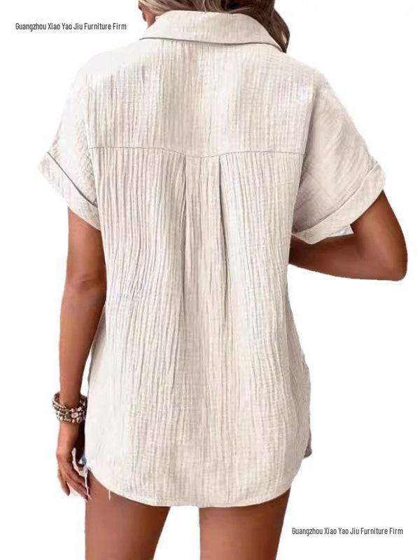 European American Women's Cotton Shirt - 2026 Summer Collection: Solid Color Casual Button-Up