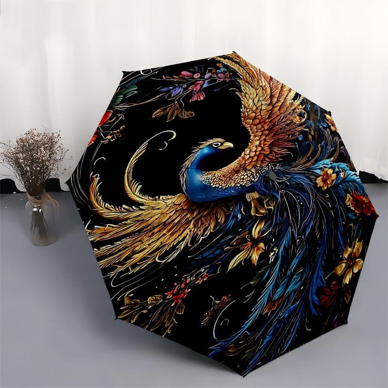 1pc Phoenix FlowersOpen/Close Umbrella-Windproof, Compact Travel Umbrella, Sturdy 8-Rib Shaft, Outdoor Accessory1211
