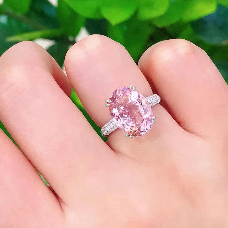Gorgeous Female Rings 925 Sterling Silver Pink Large Oval Stone Rings for Women Single Row Zircon Wedding Band Jewelry Girl Gift